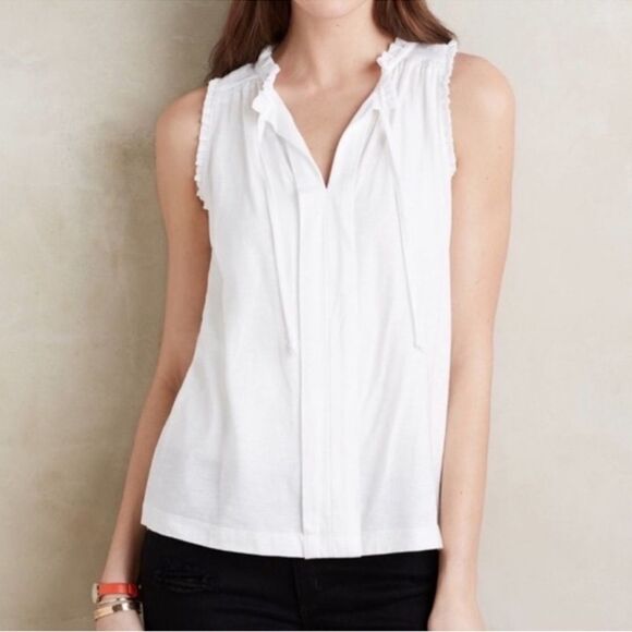 Meadow Rue x Anthro L White Cotton Blend Ruffled Neck Sleeveless Shell Tank - Picture 1 of 11